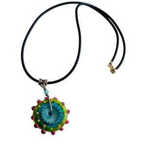 Iris Ray Art Glass necklace colorful disc sterling silver 925 choker 90s Y2K 16"